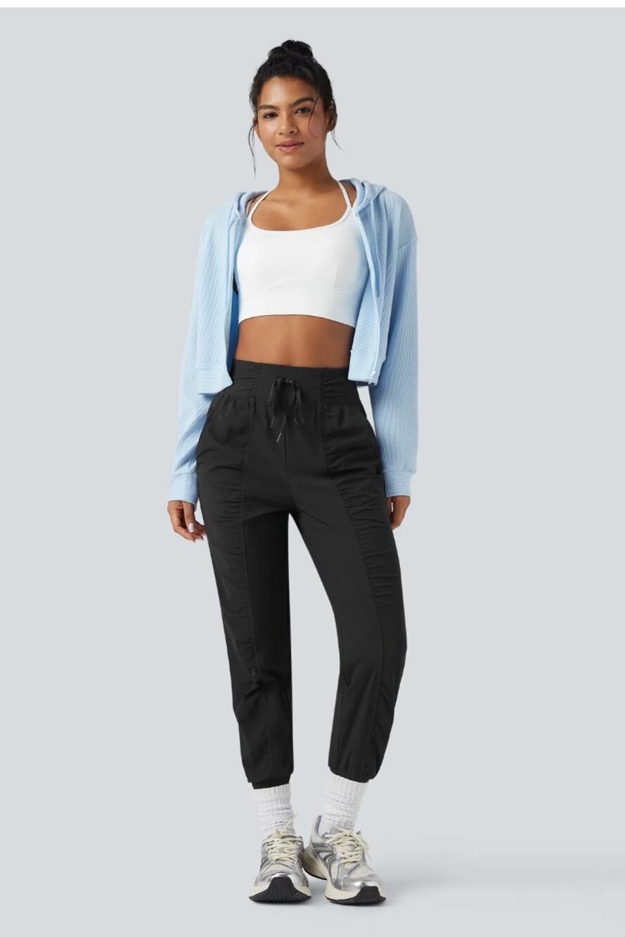 Halara NWT Petite Jogger Pants XL Black Ruched Drawstring Athleisure Stretch